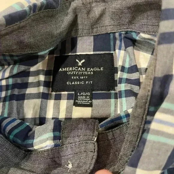 American Eagle Blue Plaid Button Down Long Sleeve Shirt Men's Large Classic Fit - Picture 4 of 6